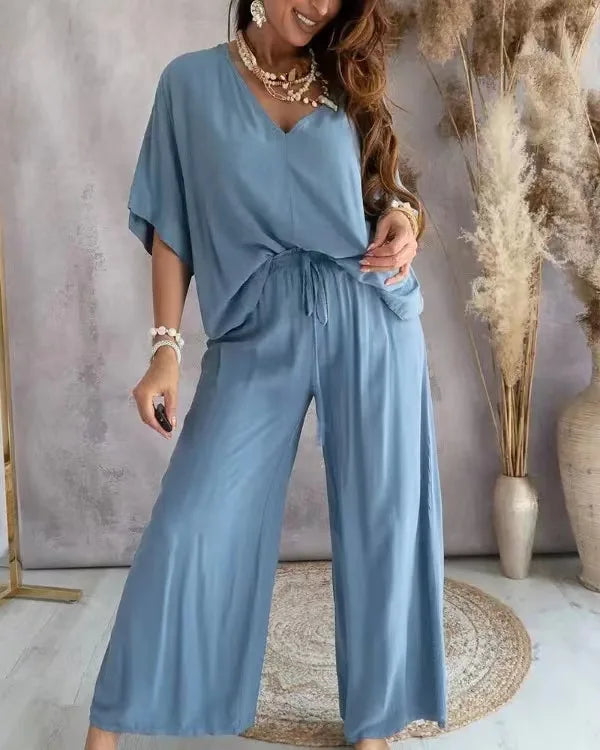 2024 Summer Long Pant Sets Two Piece Set For Women V Neck Bat Sleeve Loose Wide-leg Pants 2 Piece Set Solid Color Casual Outfits