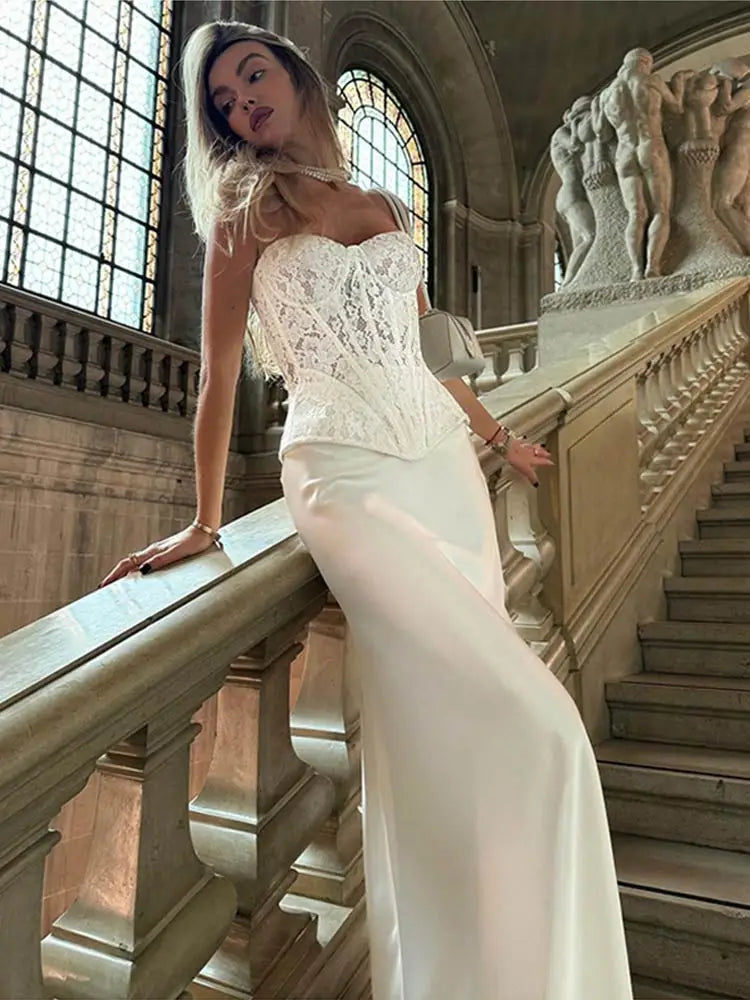 Conjuntos elegantes de renda e cetim com top e saia longa femininos, blusa justa e ombro de fora, robes femininos para festa de verão e noite