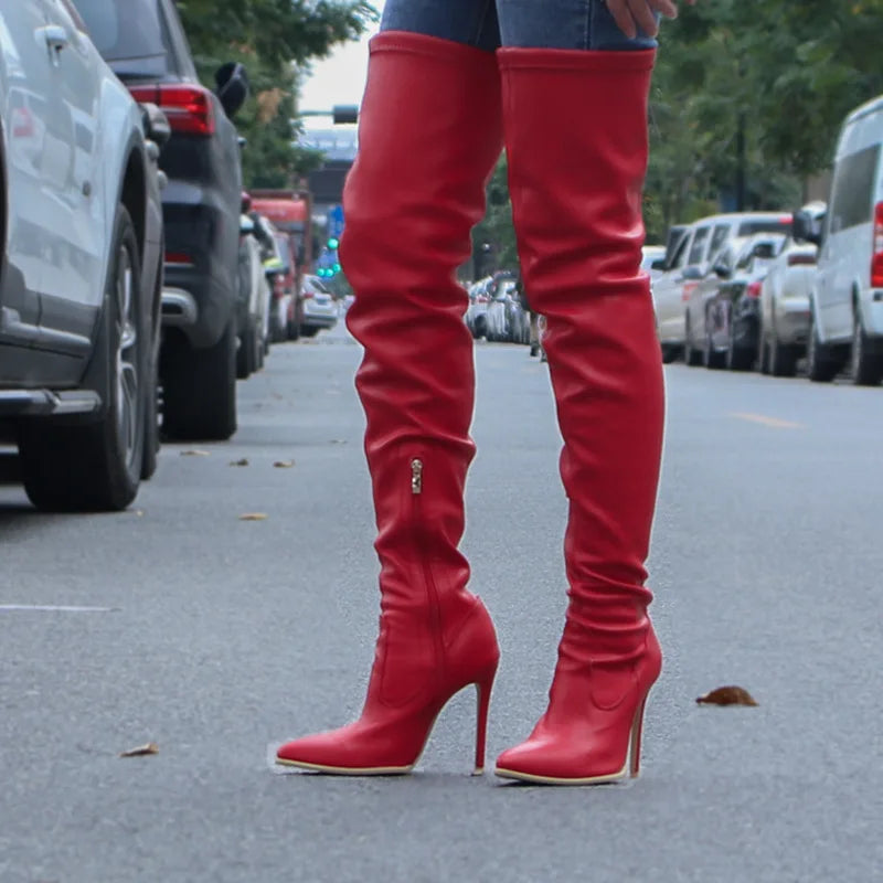 Novas botas acima do joelho femininas, salto alto fino, botas elásticas da moda feminina, tamanho grande 46 47, botas femininas