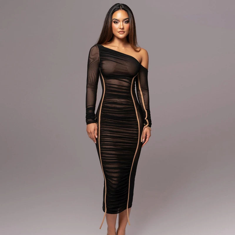 Hugcitar Mesh Solid Diagonal Collar Long Sleeve Draped Sexy See Through Bodycon Maxi Dress Summer Fashion Clothes Festival Club