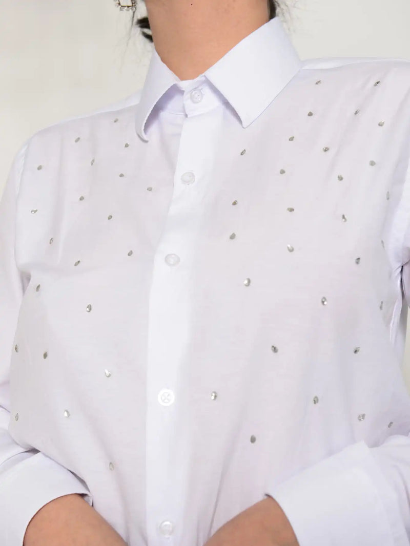 White Slim Long Sleeve Women's Social Shirt with Rhinestone