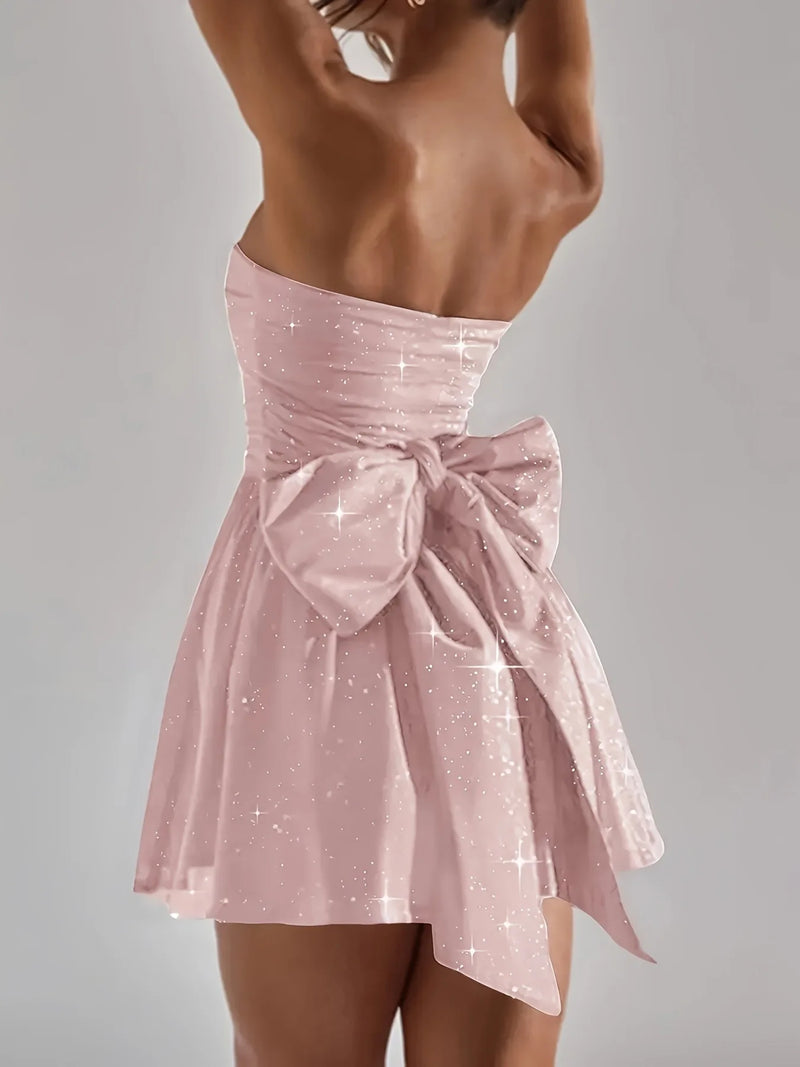 2025 Sexy Elegant Glitter Strapless Dress Fashion Sleeveless Off Shoulder Mid-skirt Breast Wrap Slim Mesh Dress Evening Dresses