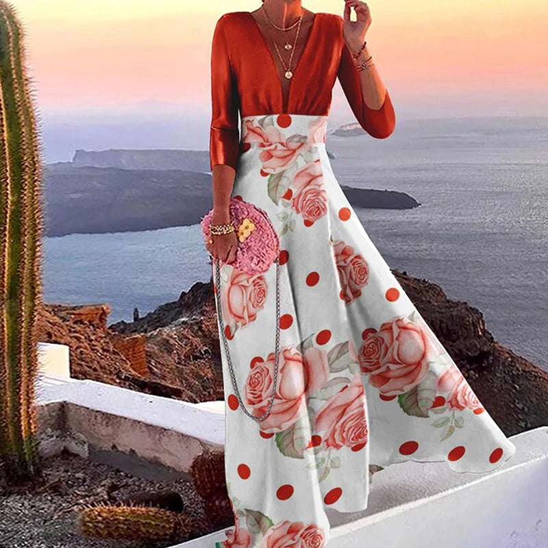 Fashion Printed Color Long Sleeve Boho Dress Elegant Deep V Neck Party Maxi Dress Women Sexy Slim Autumn New Dress Vestidos