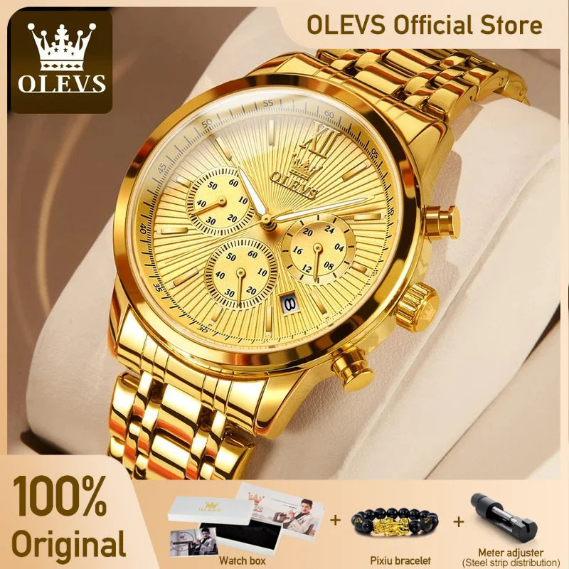 OLEVS Men's Watches Luxury Gold Fashion Wristwatch for Man Stainless Steel Waterproof Luminous Chronograph Date 24 Hour Display