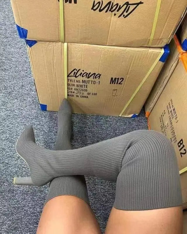 Botas femininas de cano alto, acima do joelho, meias elásticas de alta qualidade, botas para festa, sexy, salto de 9 cm, sapatos
