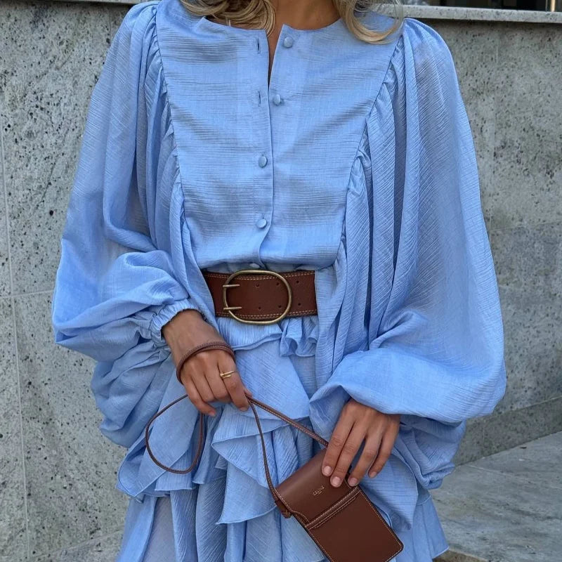 Vestido curto elegante com gola alta e borda de folha de lótus, retrô, floral, rosa, babados, manga comprida, moda urbana