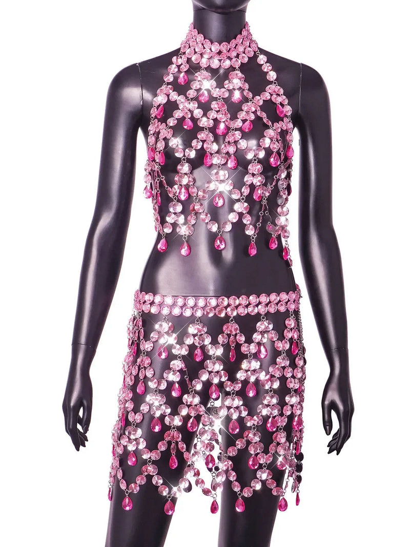 Terno sexy com costas abertas e joias emendadas Conjunto de vestido fashion Amazon de comércio eletrônico de venda rápida internacional