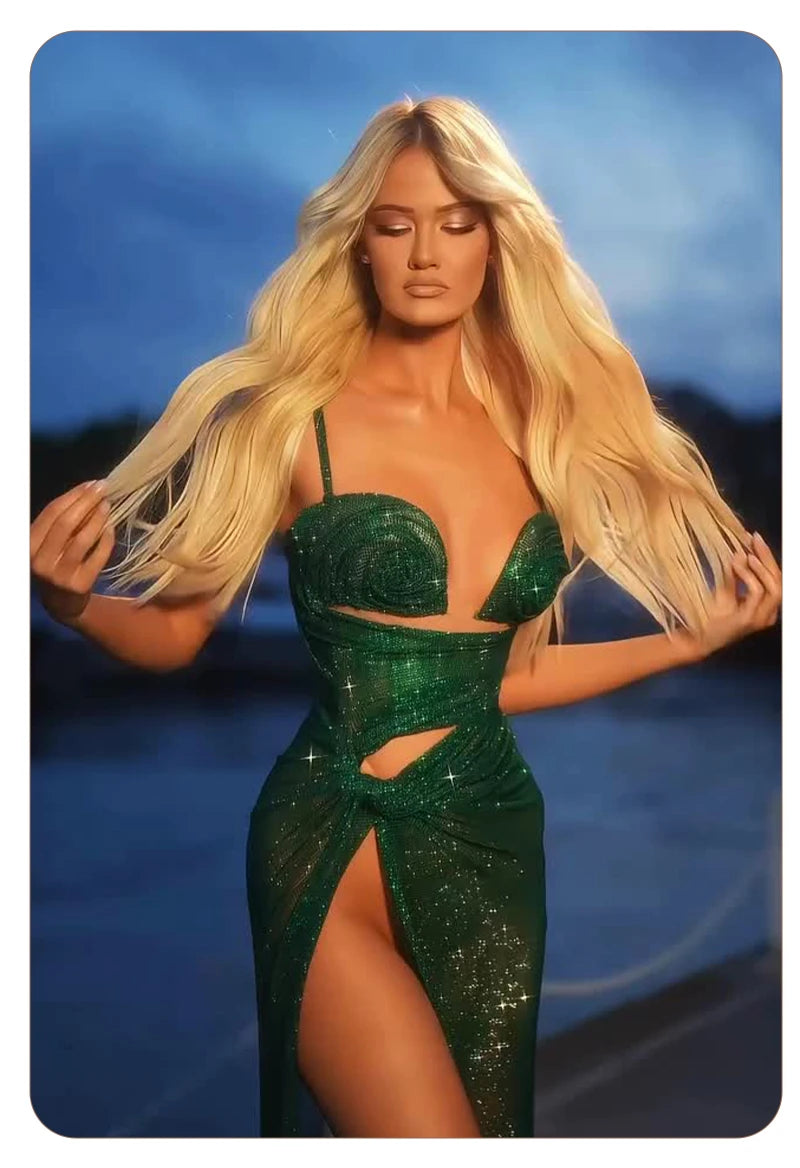VC Glamorous Strapless Green Sequin Maxi Dress with Corset Style Bodice and Slit Party Evening Gown
