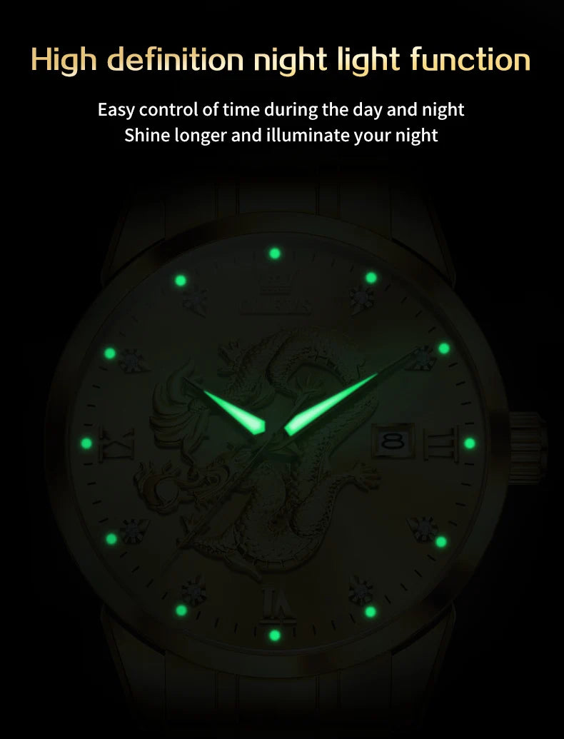 OLEVS Men's Watches Top Brand Fashion Original Quartz Watch for Man China Loong Dragon Dial Waterproof Luminous Date Olevs 3619