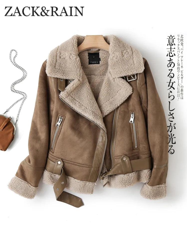 ZACK RAIN Brown Jacket For Women 2023 Winter Vintage Fur Integrated Jacket Lapel Long Sleeves Jackets Female Outwears Chic - CRAVO ROSE