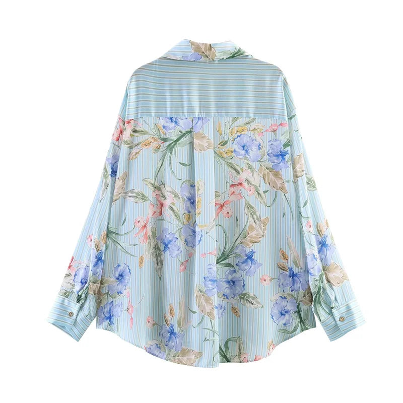 Women's Shirt 2026 Summer New Style Floral Print Long Sleeve Satin Textured Loose Shirt Beach Vacation Relaxed and Lazy