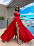 Popular Elegant Long Gowns Red A-Line Formal Party Evening Dresses V Neck Sexy Strapless Slit Satin Women's Wedding Dresses
