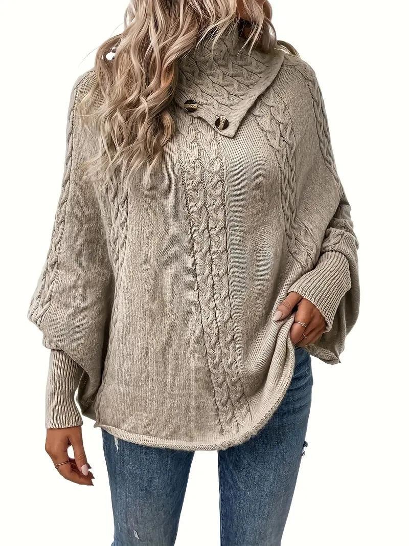 Women's Sweater Sweater for Women Turtleneck Batwing Sleeve Cable Knit Poncho - CRAVO ROSE