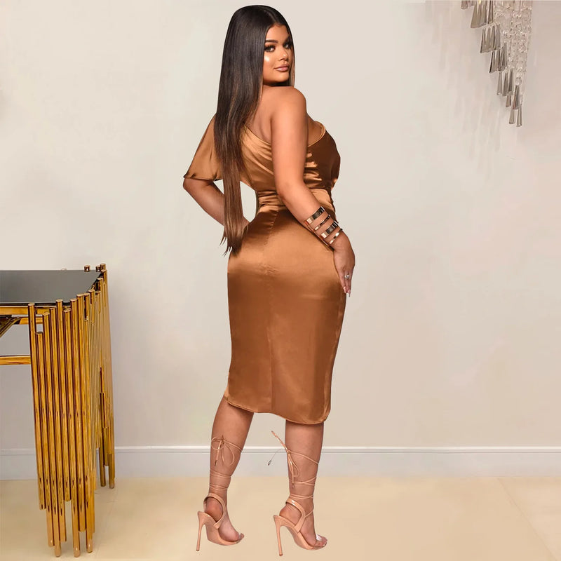 Clothing 2022 Summer Solid High Split One Shoulder Elegant Midi Dress For Woman Birthday Nightclub Party Club Dresses Vestidos