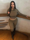 Conjunto de calças femininas elásticas, elegantes, com estampa slim fit, gola redonda, manga comprida, top curto, 2025, novas roupas femininas para primavera