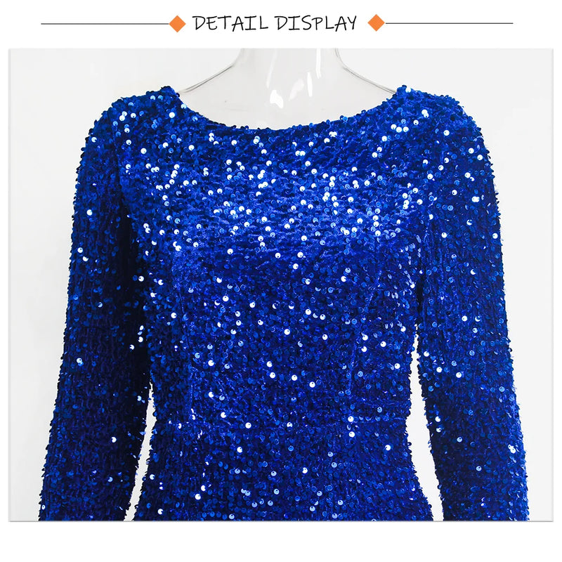 Romagic Elegant Women Modest Stretch Sequin Royal Blue Wedding Prom Gown Long Sleeves Mermaid Formal Evening Party Dress 2025