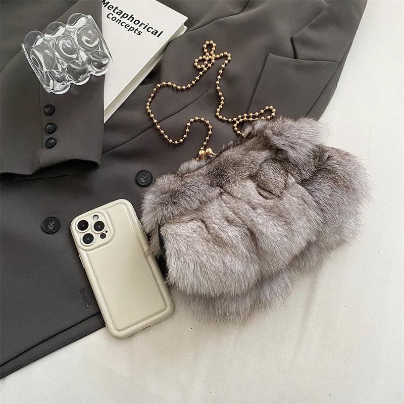 Soft Plush Evening Bags for Elegant Women Fox Fur Dinner Party Clutch Chain Crossbody Winter Warm Luxury Designer Handbags