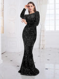 Romagic Elegant Women Modest Stretch Sequin Royal Blue Wedding Prom Gown Long Sleeves Mermaid Formal Evening Party Dress 2025