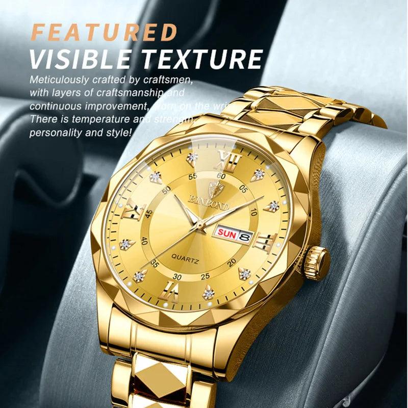 BINBOND Men Watch Stainless Steel Top Quailty Luxury Push Button Hidden Clasp Waterproof Luminous Date Week Sport Wrist Watches - CRAVO ROSE