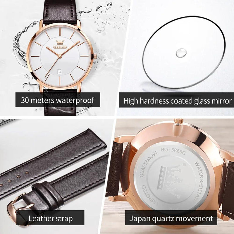 Top Brand OLEVS Ultra Thin 6.5mm Minimalist Fashion Quartz Watch for Men Leather Strap Auto Date Male Waterproof Mens Wristwatch - CRAVO ROSE