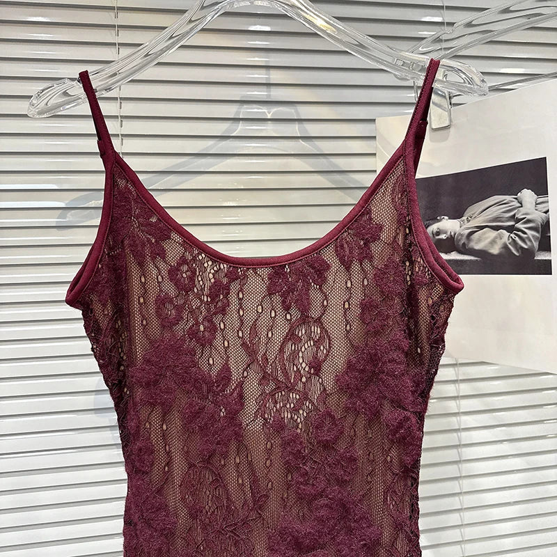 DEAT 2025 Autumn New Fashion Slim Fit Backless Lace One-Piece Camisole For Women Solid Color PU Leather Shorts Female 11A07083