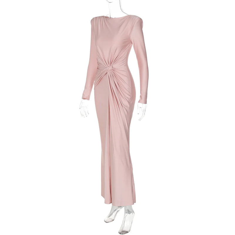 Ladies Autumn Elegant Evening Party Dress Women Long Sleeve O-Neck Ruched Fashion Maxi Dresses Night Club Streetwear Fall Outfit
