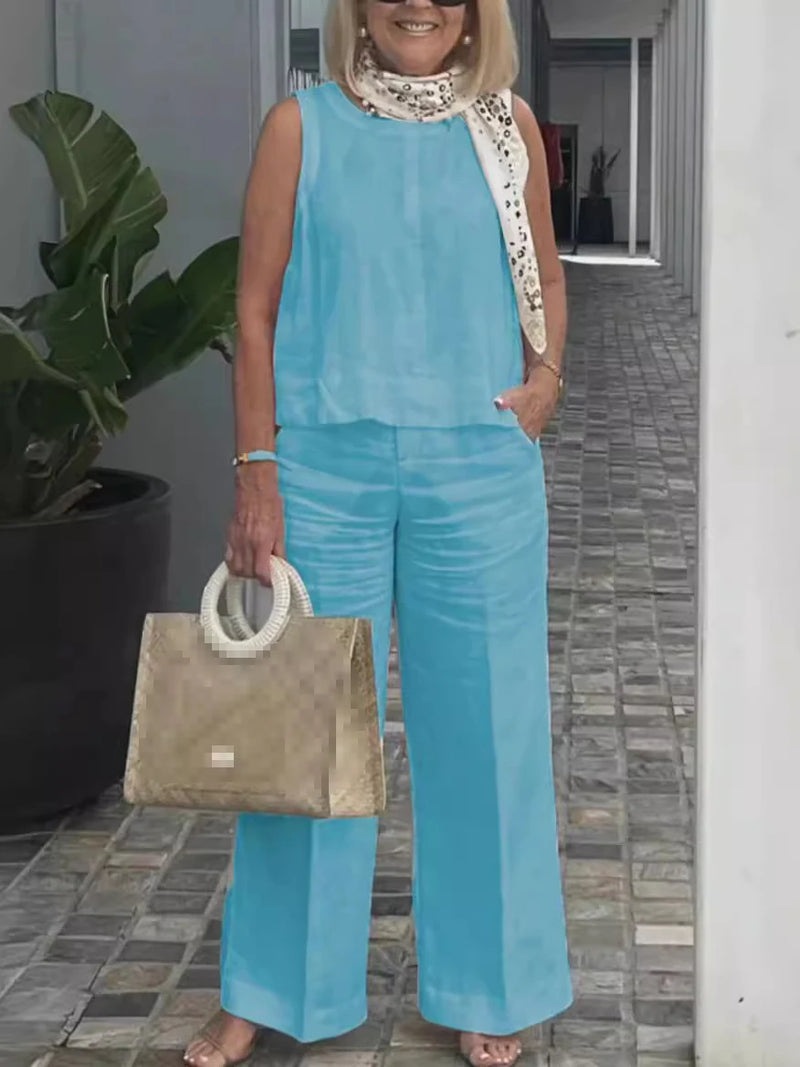 Terno feminino simples de algodão e linho, moda verão, blusa solta sem mangas, calças de perna larga, conjunto de duas peças para mulheres, roupas casuais
