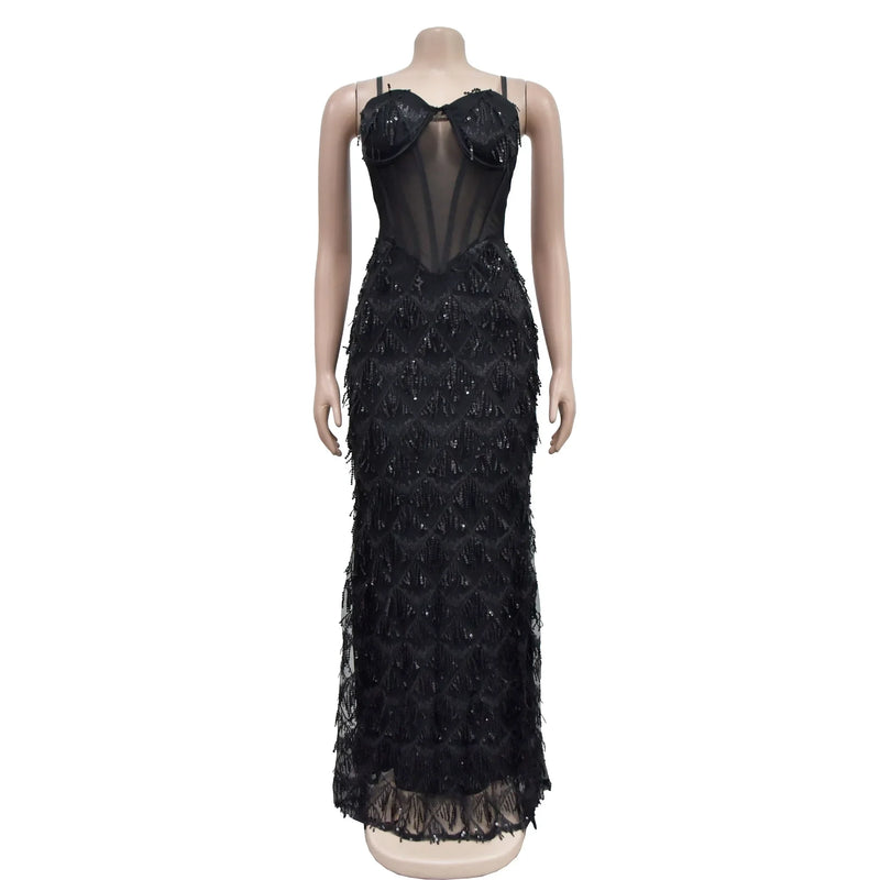 Women Sling Dress Floor Length Dresses Sequin Mesh Party Slim Bodycon Sheath Mesh Drilling Elegant Gown Sexy Vestidos 2024