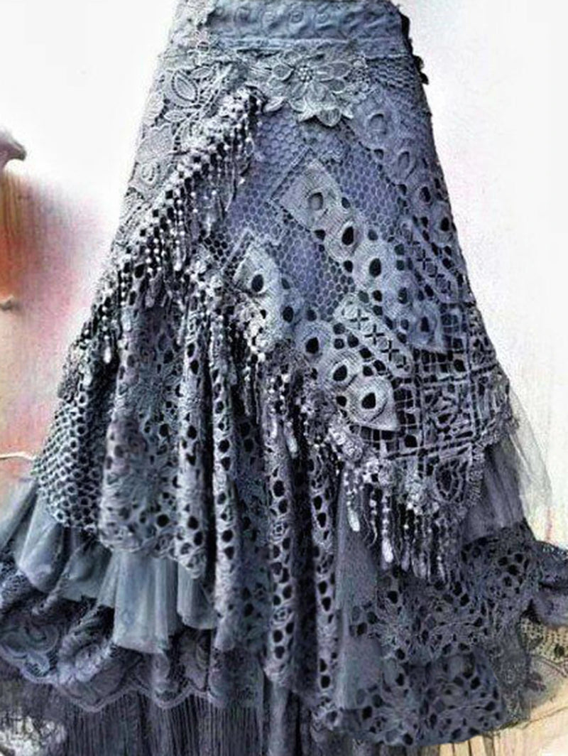 Saia assimétrica de renda elegante feminina, vintage, estilo boho, cintura alta, malha vazada, patchwork, camadas, maxi saias