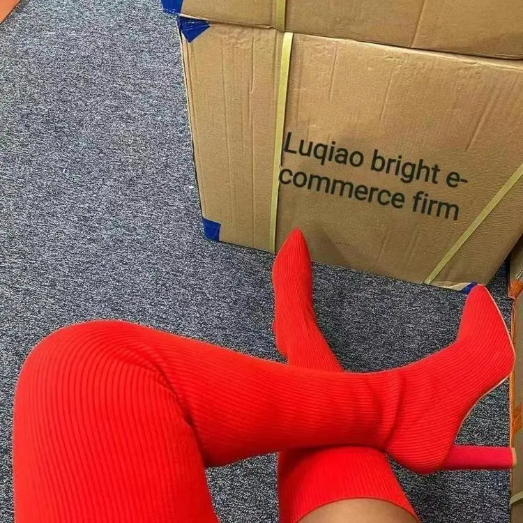 Botas femininas de cano alto, acima do joelho, meias elásticas de alta qualidade, botas para festa, sexy, salto de 9 cm, sapatos