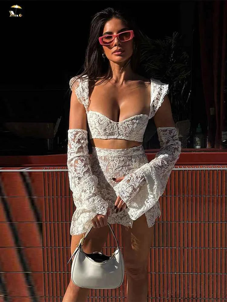 Lace Mini Skirt Set Women Hollow Out Cold Shoulder Crop Top Side Split Skirts Suit Female Summer Holiday Sexy Sets Lady Beach