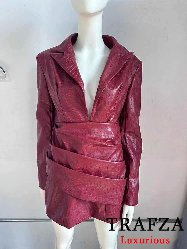 Vestido de festa feminino TRAFZA Sexy Couro Sólido Vermelho Manga Longa Mini Bainha Inverno Noite Clube Vestido