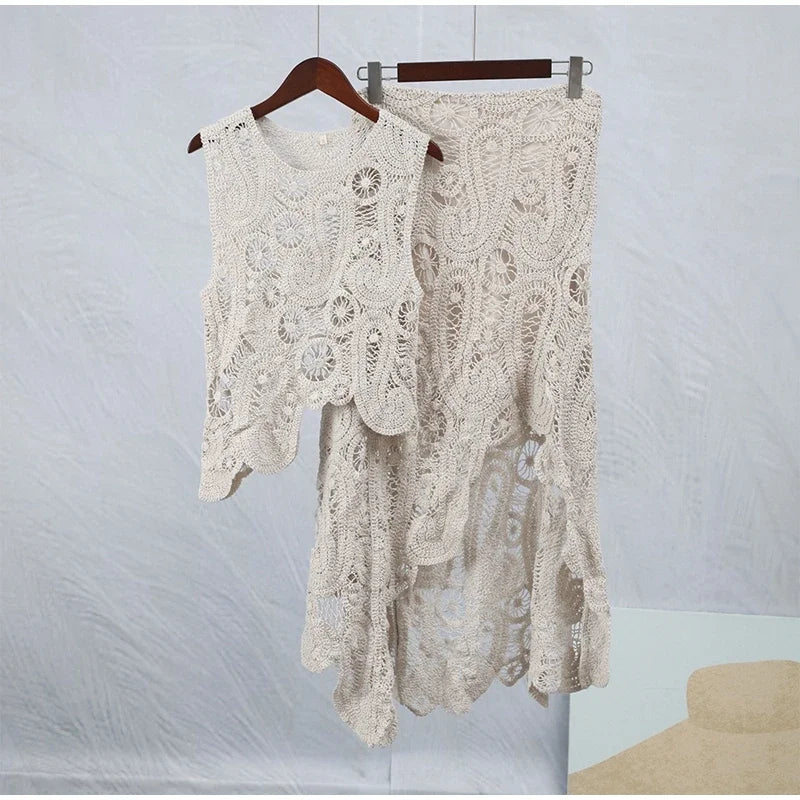 Crochet Knitted Asymmetric Women's Dress Set Chic O-neck Sleeveless Top Short Lining Skirt Suit 2023 Fashion Fairy Sweet Outfits