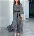 Spring Autumn New Dress Black And White Printed Vintage Elegant V Neck Fashion Leisure Gathering Women Slim Long Dresses MsChuh