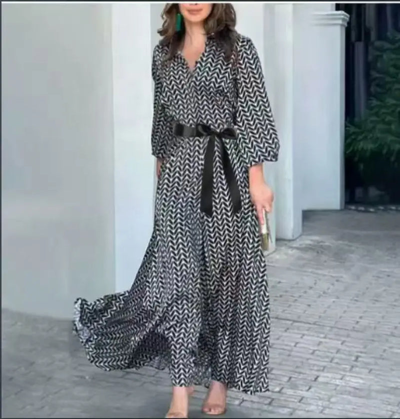 Spring Autumn New Dress Black And White Printed Vintage Elegant V Neck Fashion Leisure Gathering Women Slim Long Dresses MsChuh