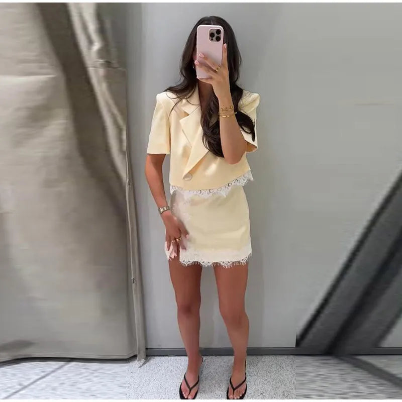 Fashion Lace Insert Two-Piece Suit Women Lapel Short Sleeve Cropped Blazer Mini Culottes 2026 Summer New Lady Office Party Wear