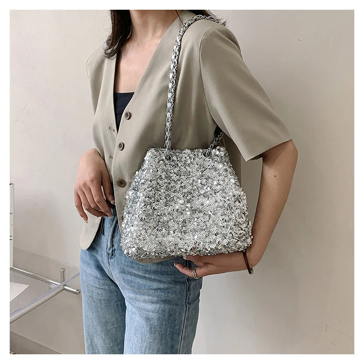 Sparkling Sequins Bucket Shoulder Bags Sense of Luxury Large Capacity Fresh Crossbody Bags for Women 2024 Fashion Versatile Hot