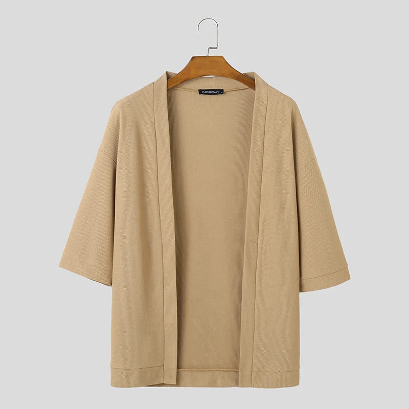 Conjuntos masculinos cor sólida, cardigan de meia manga e shorts com cordão, duas peças, moda urbana, ternos casuais