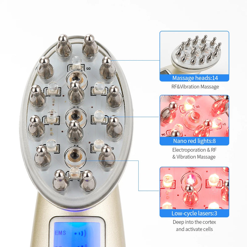 Pente de massagem elétrico EMS LED para crescimento capilar, escova para massagem no couro cabeludo e relaxamento da cabeça