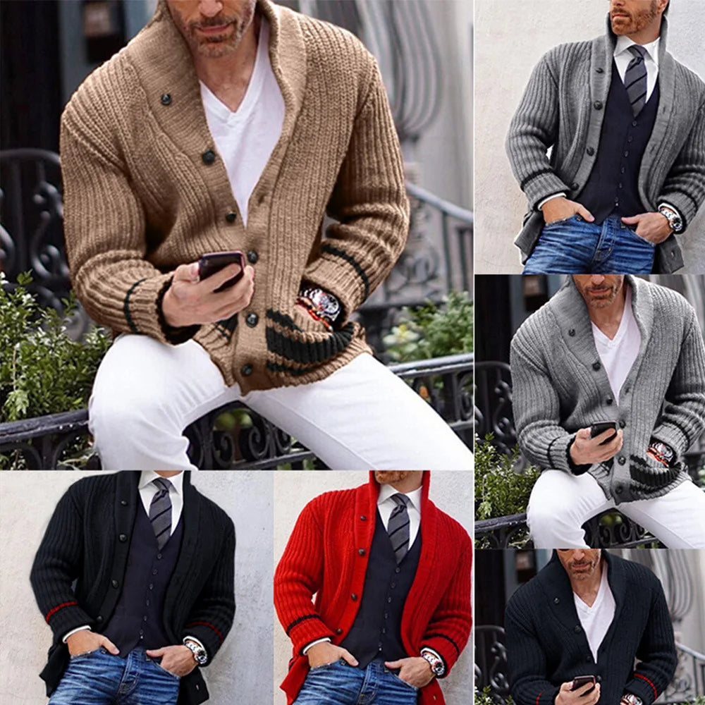 Coat Men Cardigan Sweaters Turn Down Collar Full Sleeve Coats Single Breasted Solid Stripped Open Stitch Autumn Winter Outerwear