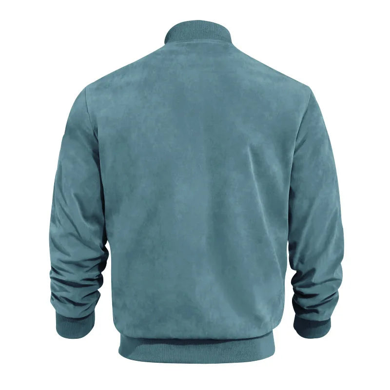 Men's Business Casual Suede Jacket Zipper Collar Warm Sporty Outerwear Polyester Fabric Long Sleeve round Hem Knitted Sleeve