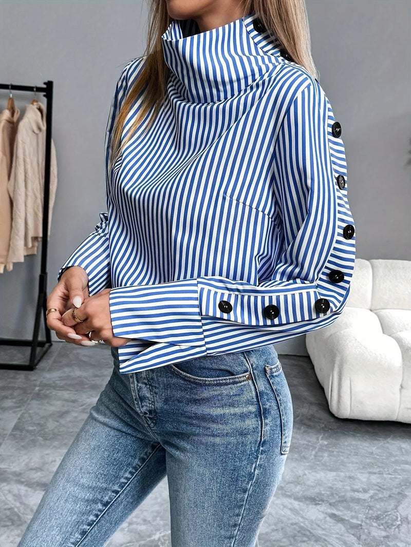 Women's shirts 2025 spring new long-sleeved women turtleneck striped shirt tops elegant office ladies patchwork button pullover