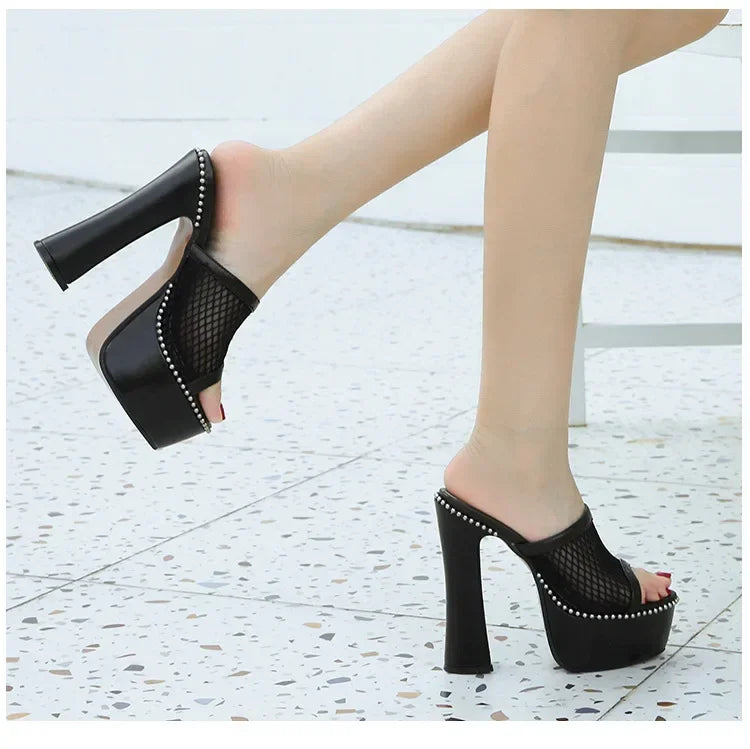 Women Mesh Lace Sandals  Summer Sexy High Heels Platform Slippers Ladies Fashion Bright Leather Comfort Open Toe Sandals