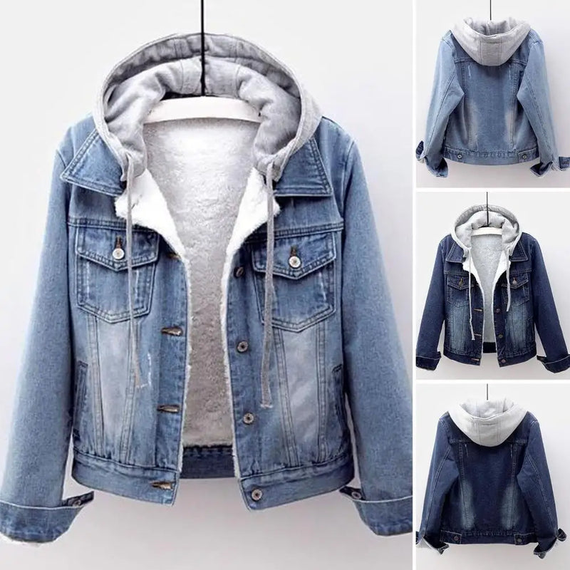 Jaqueta jeans feminina de pelúcia quente para outono e inverno, casaco de algodão curto azul jeans, casaco feminino com capuz, agasalho