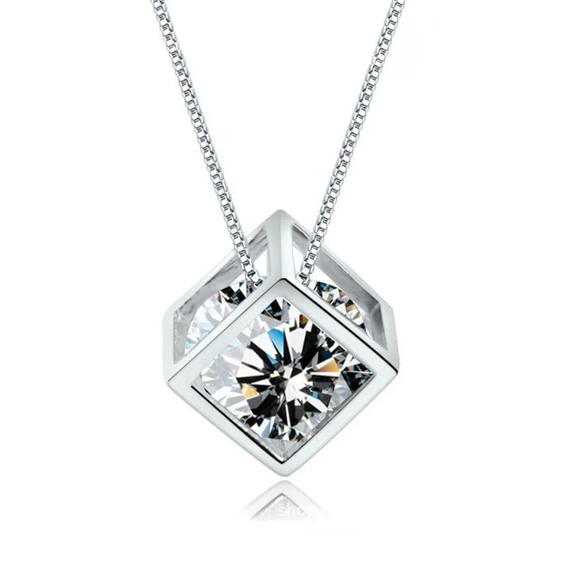 925 Sterling Silver Cube Zirconia Pendant Necklace For Women Gift 45cm Link Chain choker collares kolye S-N76