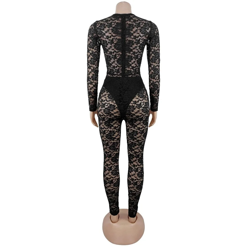 FLARORA Sexy Lace Hollow See Through Jumpsuits Woman O Neck Full Sleeve Peach Hip Slim Jumpsuit Midnight Party Clubwear Overalls