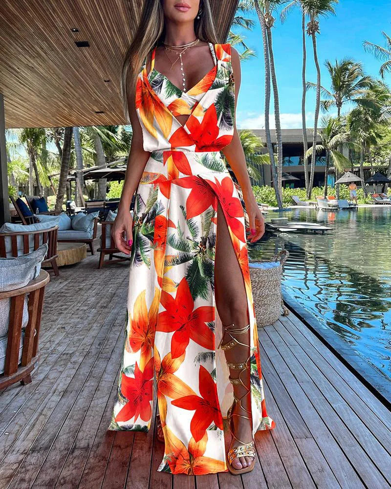 Fashion Print Dresses Two Piece Set Women Sexy Camisole Deep V-neck Backless Slit Vest Dress 2 Piece Sets Lady Summer Streetwear