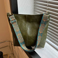 Vintage Solid Color Women Fashion Shoulder Sling Bag High-Capacity Simple Wide Strap Bucket Crossbody Bag