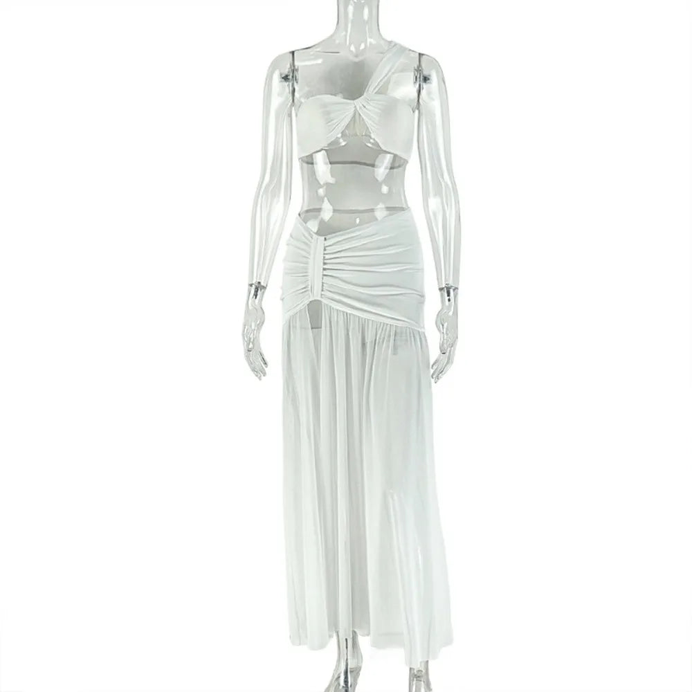 FLARORA Sexy Mesh Ruched 2 Piece Sets Woman Strapless Crop Tops And High Split Long Skirts Suits Elegant Beach Vacation Clothing