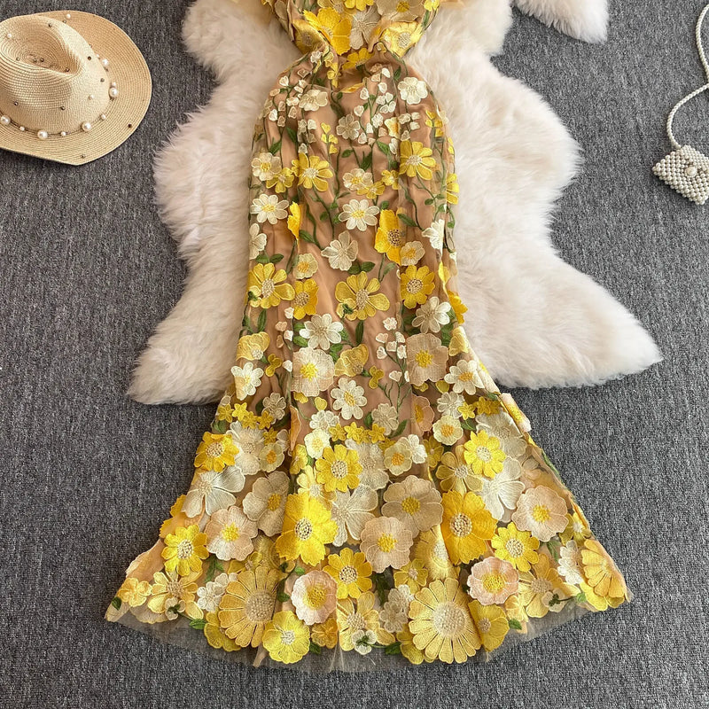 Summer High-end Embroidery Lace Prom Dress Women French Luxury 3D Flower Short Sleeve Long Dress Party Bodycon Holiday Vestido